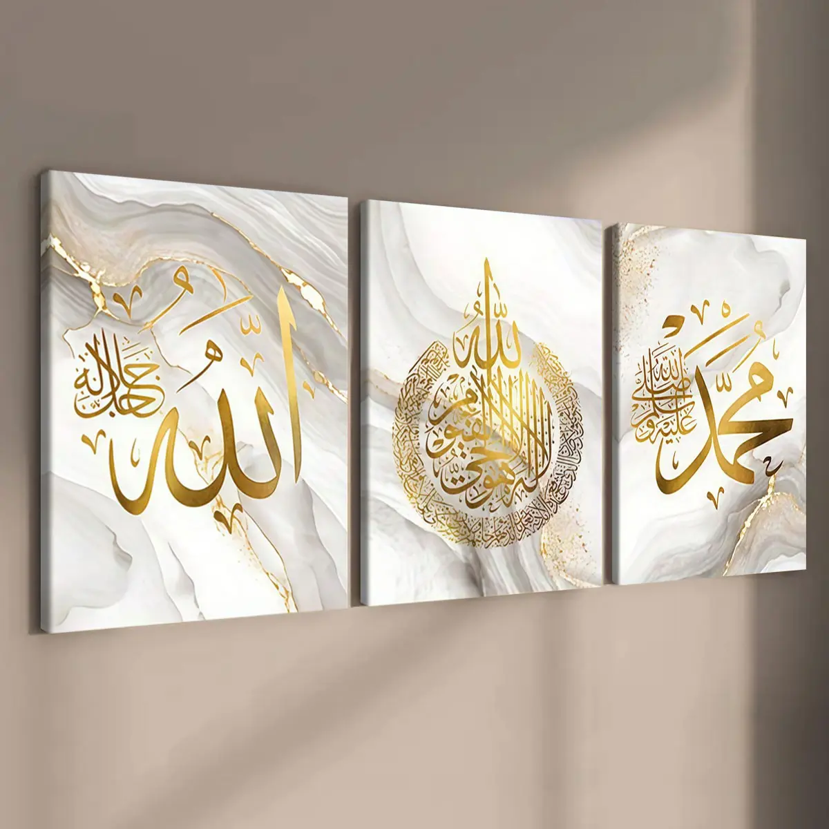 3-count wooden frame canvas, gold-patterned Arabic art decorative poster, Unique artwork, Modern Home Decor, Decorative Wall Art, Decoration Items, suitable for living room, bedroom and corridor decoration, waterproof printing