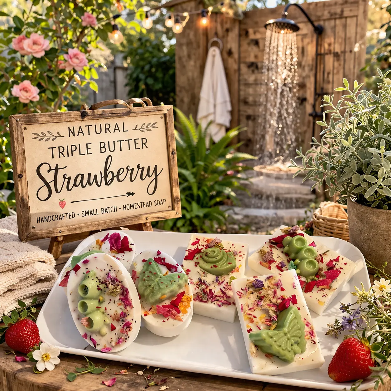Handmade Solid Strawberry-Scented Natural Body Care Bar Soap - Hydrating Triple Butter Single Bar, Gentle Artisanal Cleanser for Daily Bath & Shower, Rustic Giftable Finish