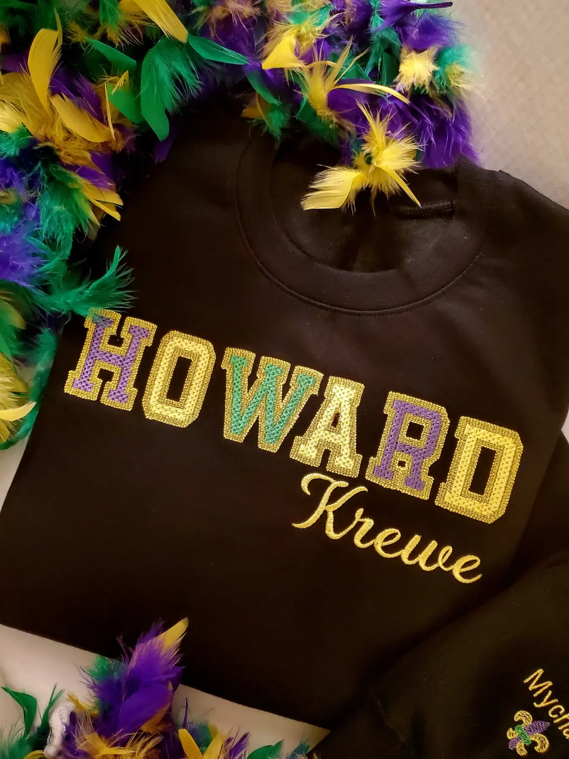 Custom Mardi Gras Sweatshirt with Family Name Krewe Embroidered Monogrammed Sleeve, New Orleans Purple Green Yellow Glitter Name Sweatshirt