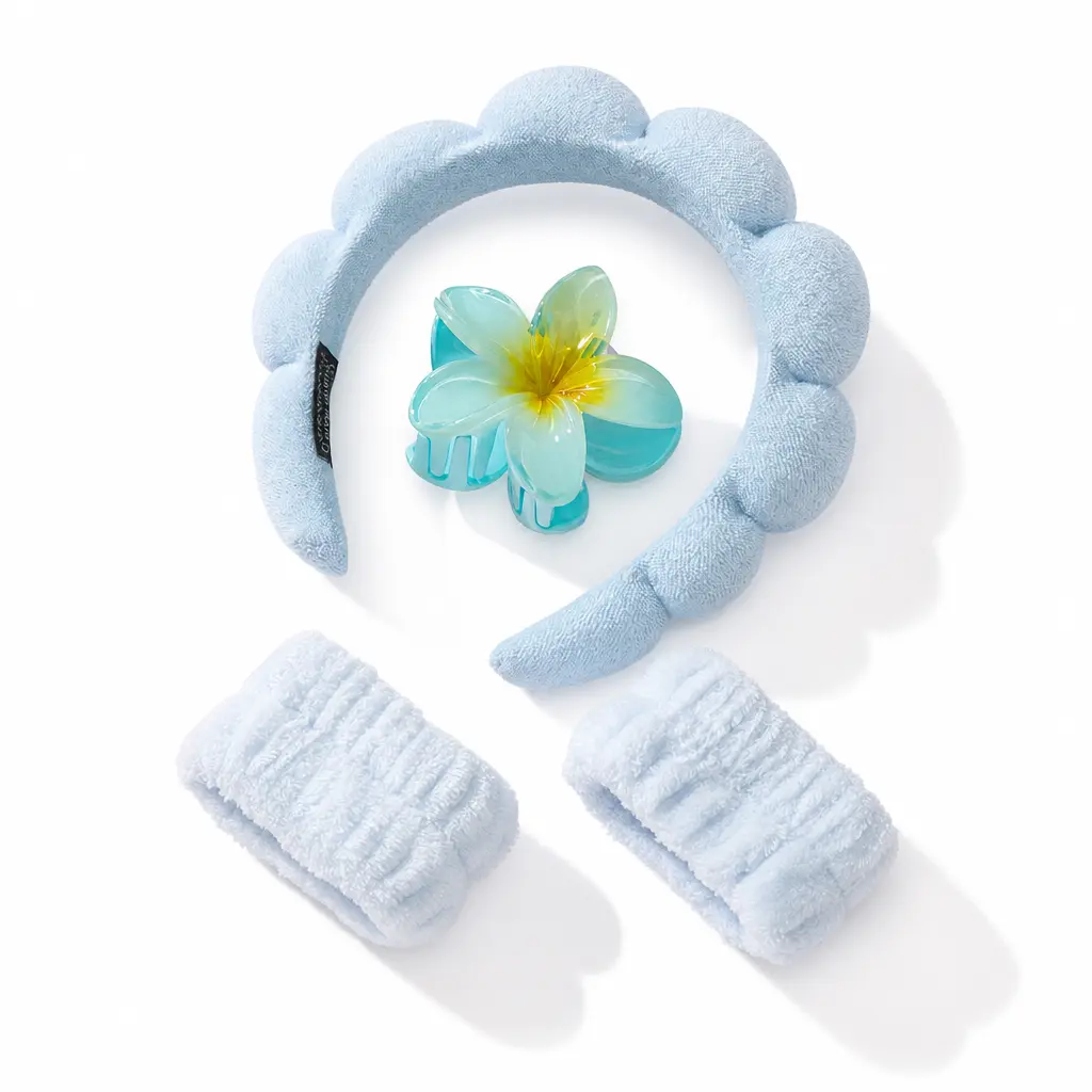 Women’s SPA headband — makeup headband and wristbands set for face washing, Mother’s Day gift and teen gift #TikTokShop Summer  Pastel Blue Spa Headband, Wristbands, and Flower Claw Clip Set (4-in-1)