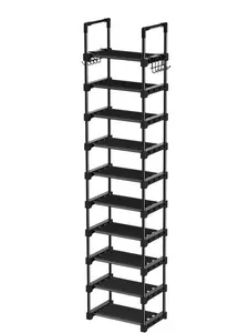 Vertical Shoe Rack 10 Tiers Narrow Rack for Closet DIY Tower Holds 20-25 Pairs Durable Stackable Shelf Space Saving Stand with 2 Hooks Metal Organizer, Black