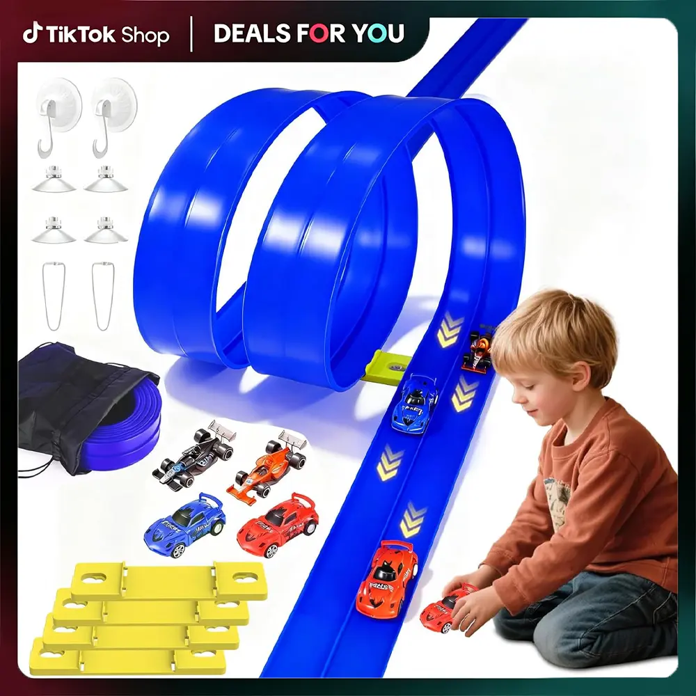 20FT Flexible Race Track w/ 11 Suction Cups! Window Ramp for Hot Wheels & 1/64 Diecast Cars. Includes 4 Cars, Portable Roll-Up Toy Gift for Boys & Girls