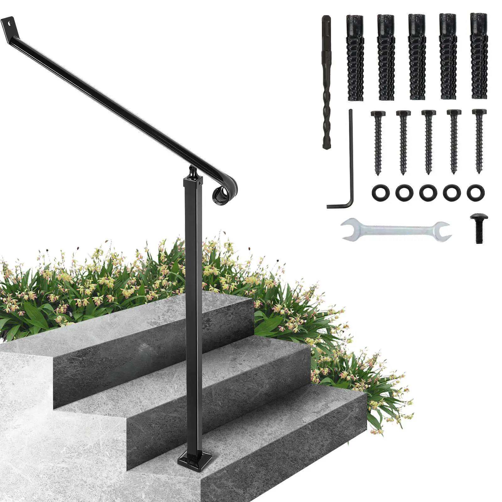 【Backtoschool】VEVOR Handrails for Outdoor Steps 2-3 Step Railings Wrought Iron Handrail Stair Railings for Steps Black Iron Railings for Steps Wall and Floor Mounted with Installation Kit