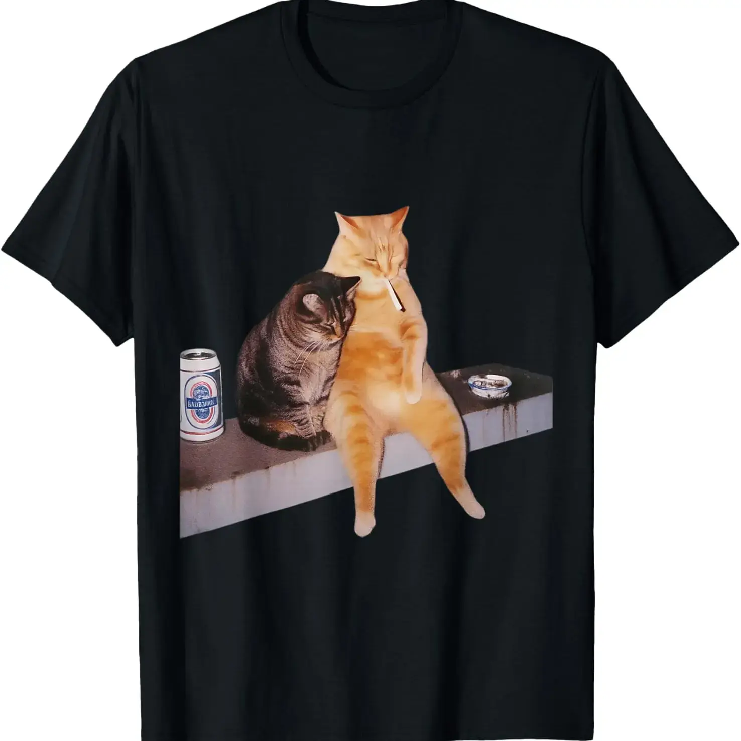 Men's 100% Cotton Short-Sleeve Round Neck Casual Streetwear T-Shirt, Cat Meme Smoking Cigarette Graphic Design, Shortsleeve, Tshirt