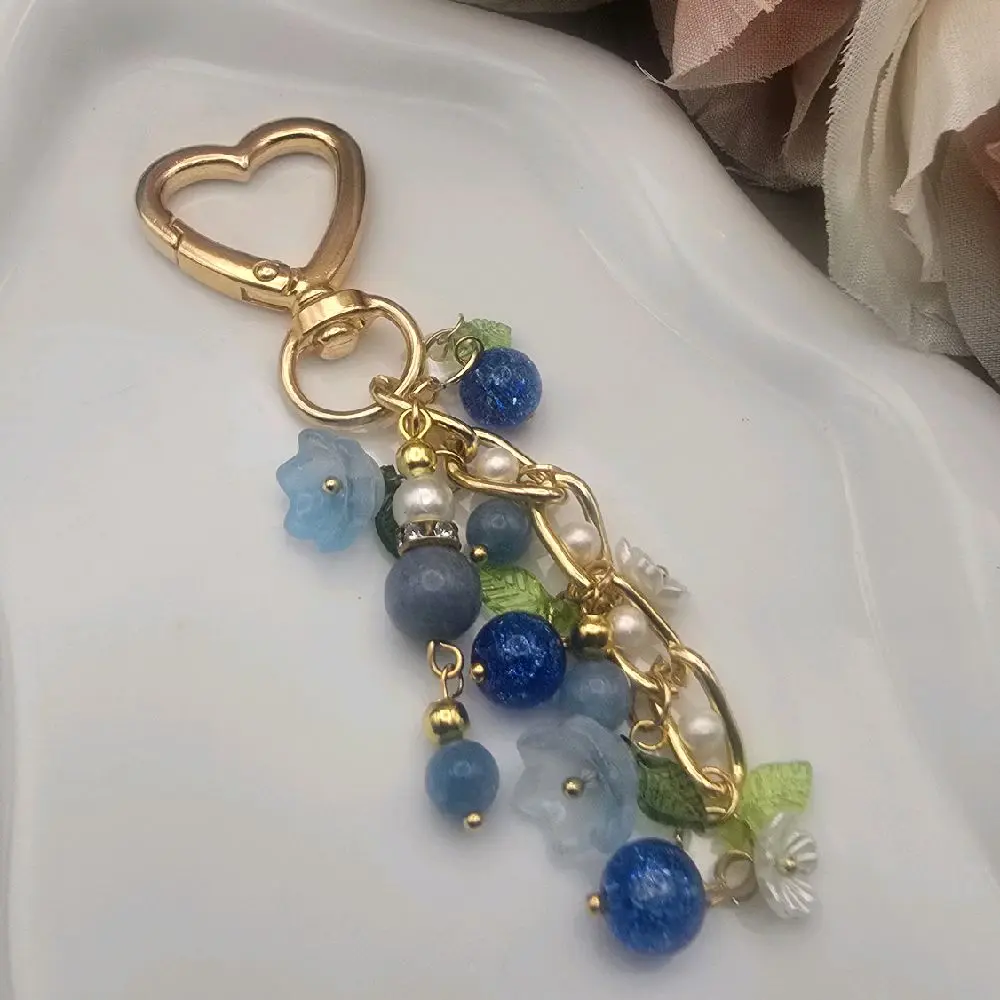 Handmade Blueberry Bag Charm | Blue Floral Beaded Purse Charm Keychain