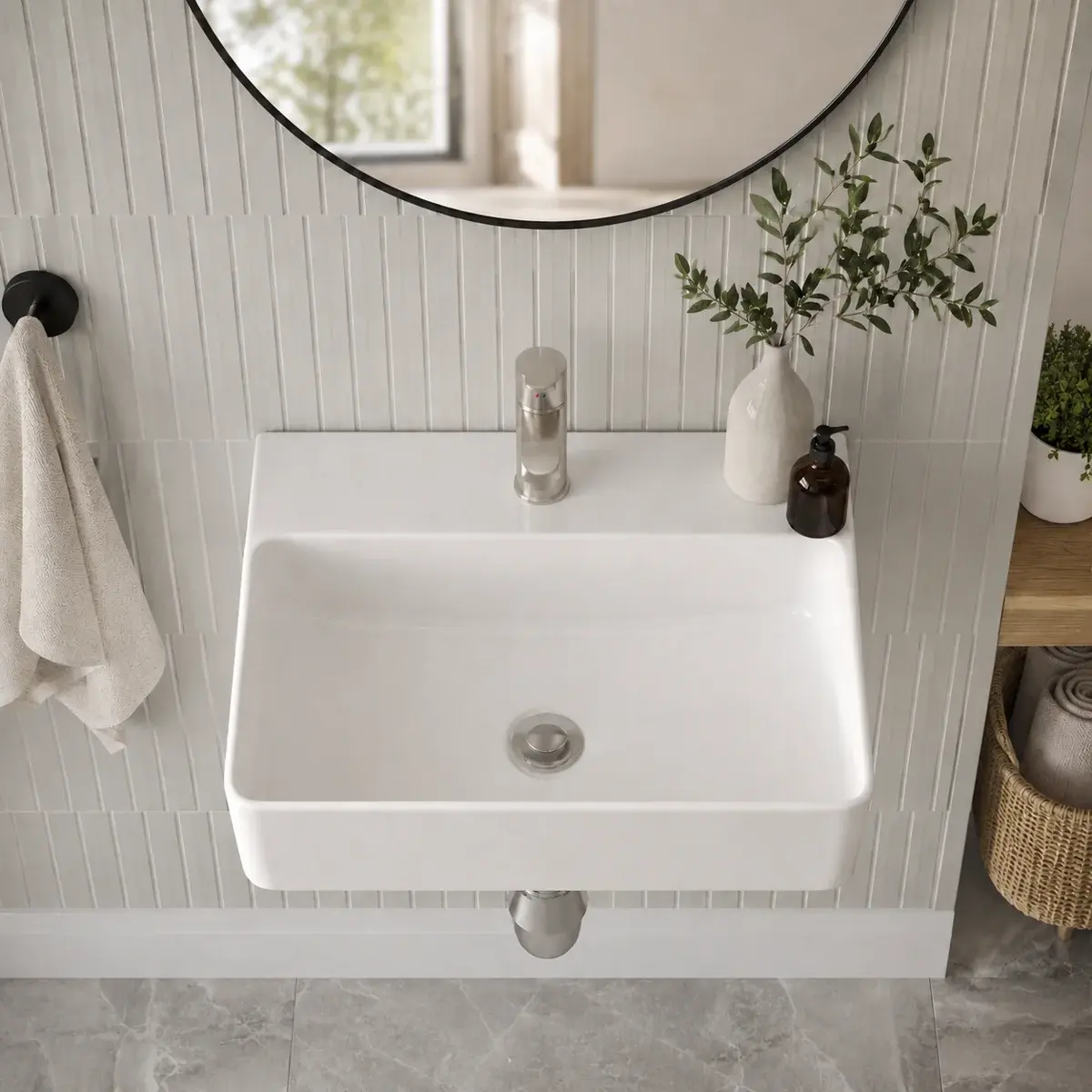 Kichae 14" x 10" Wall Mount Bathroom Sink, Rectangular White Ceramic Vessel Sink, Small Floating Lavatory Sink for Compact Powder Room & Modern Farmhouse Bathroom Renovation