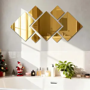7pcs, Golden diamond shaped square self-adhesive acrylic mirror wall sticker, Decorative Wall Sticker, with anti shatter tape and adhesive backing, can be installed without drilling, suitable for bathroom, bedroom, and living room decoration