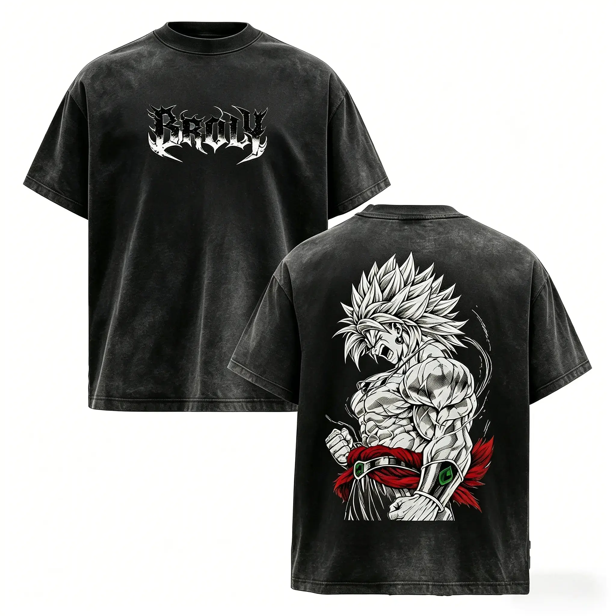 Men's Broly The Legendary Vintage Washed Oversized Graphic Tee - DBZ Double Printed, Heavyweight Cotton Unisex Shortsleeve Apparel, Classic Ribbed Clothing, Gym Pump Cover, Gift for Anime Fans, Streetwear, Vintage Graphic Tees