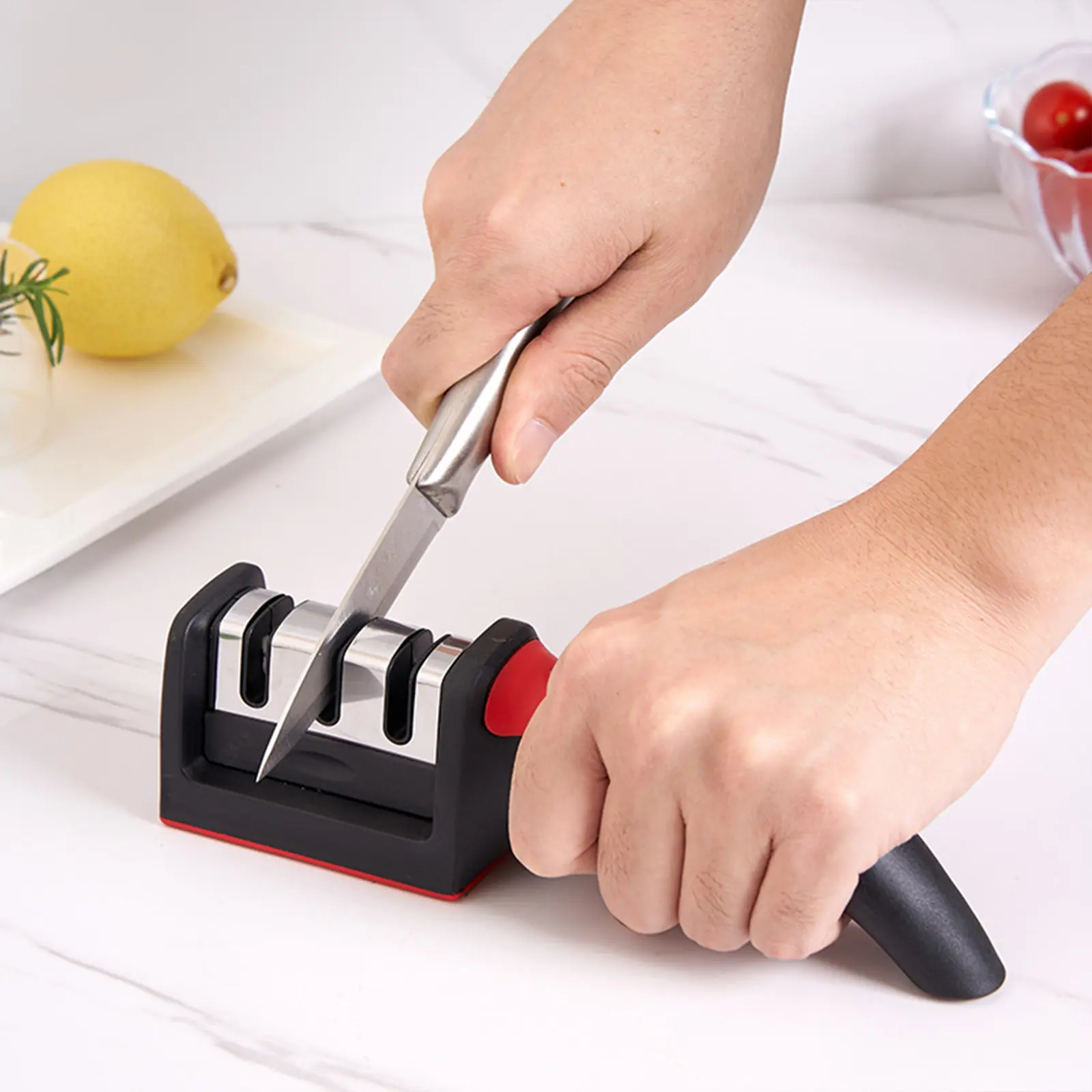 4-in-1 Multi-Slot Manual Knife Sharpener, Single Unit Kitchenware with Scissors Sharpening Function, Coarse/Fine/Polish Options, Ergonomic Grip, Non-Slip Base for Chef Knives & Paring Blades