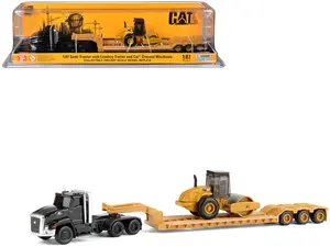 Kenworth T880 Tractor Black with Lowboy Trailer and CAT Roller Yellow 1/87 (HO) Scale Diecast Model by Diecast Masters