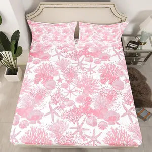 Pink Beach Ocean Theme Bed Sheets Set Sea Shell Coral Bedding Set Summer Nautical Fitted Sheet Soft Microfiber,No Flat Sheet