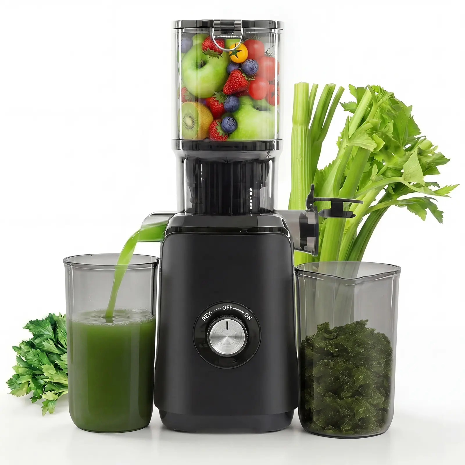 Slow Cold Pressed Juicer Machine, 4.25in Wide Feed Chute Fruit & Vegetable Extractor, 200W Slow Grinding Design, Whole Produce Compatible, High Juice Yield