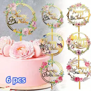 6PCS Flower Acrylic Gold Birthday Cake Topper Happy Birthday Cake Toppers Cake Pick Decorations for Birthday Party Cake Desserts Pastries