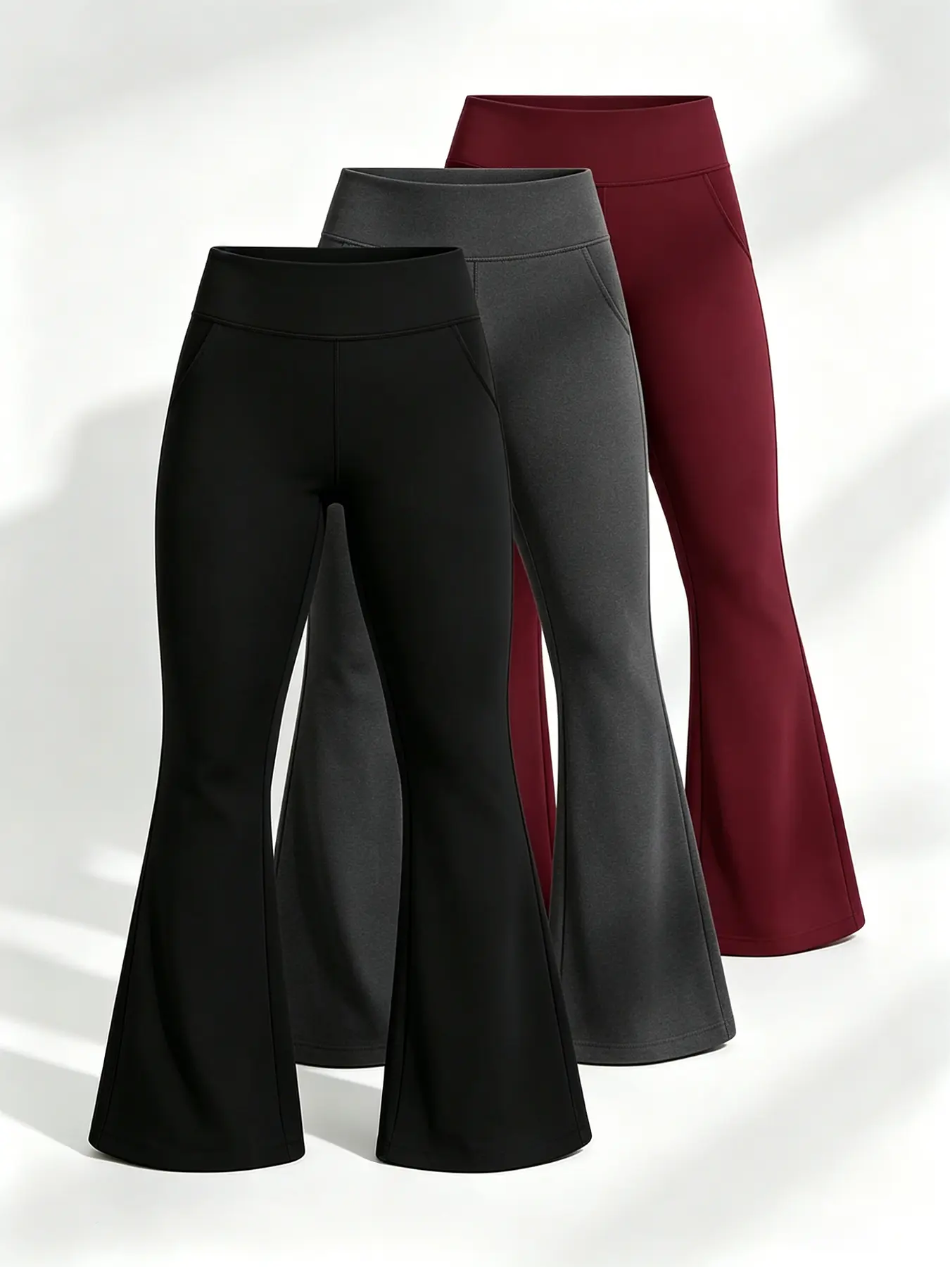 Women's 3-Piece Black Grey Red High Waisted Flared Pants Set | Stretchy Bell Bottom Yoga Trousers, Casual Wide Leg 3-Pack, Sports Fitness Wear, Everyday Plain
