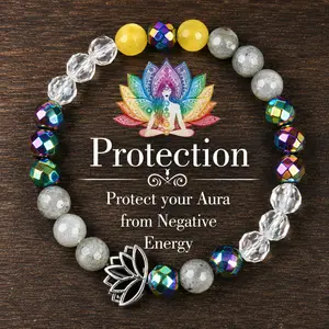 Natural Stone Protection Bracelet - Sparkling Artificial Crystal Jewelry for Serenity, Good Luck, Prosperity Energy, Meditation Yoga Lotus Charm Gift (Costume Fashion Accessory), Bracelets