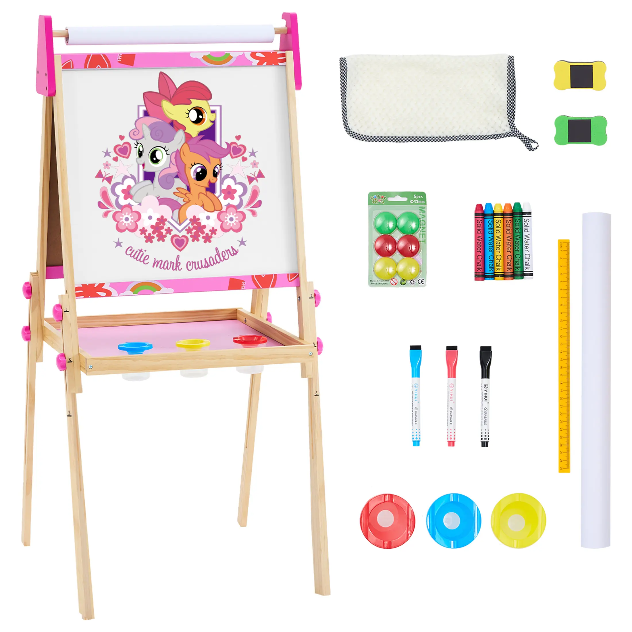 Magnetic All in 1 Kids Height Adjustable Drawing Dry-Erase Chalkboard Wooden Artist Easel with Paint Pots and Refillable Paper Roll