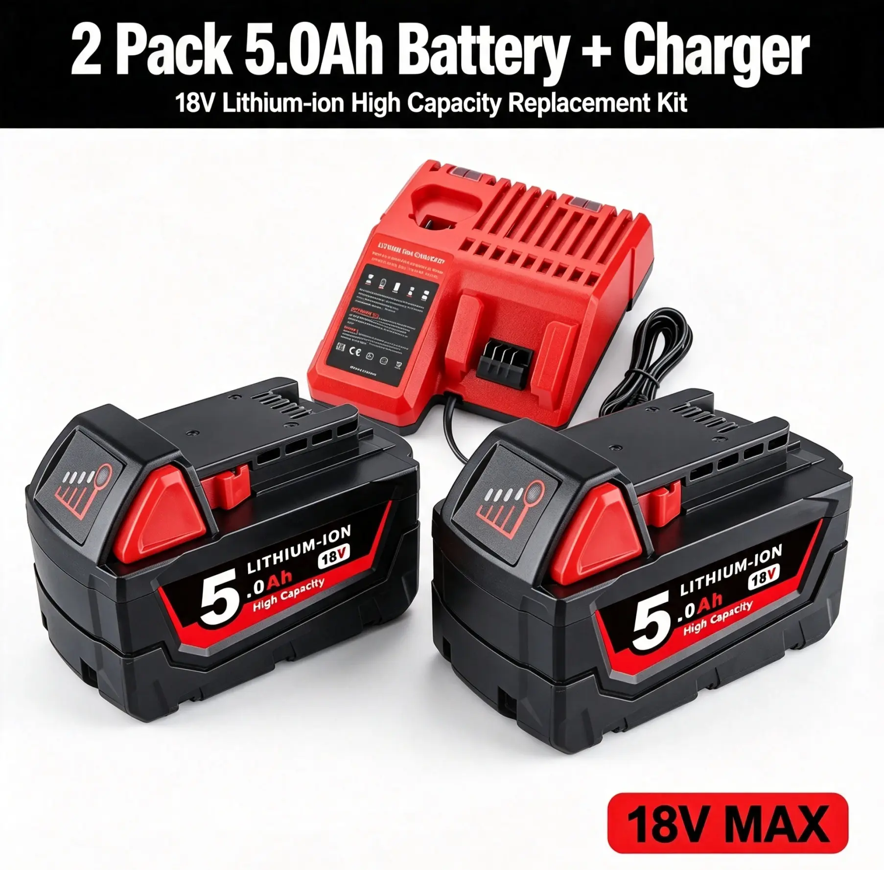 2-Pack 5.0Ah M18 Replacement Battery & Charger Combo, Compatible with Milwaukee 18V Cordless Power Tools