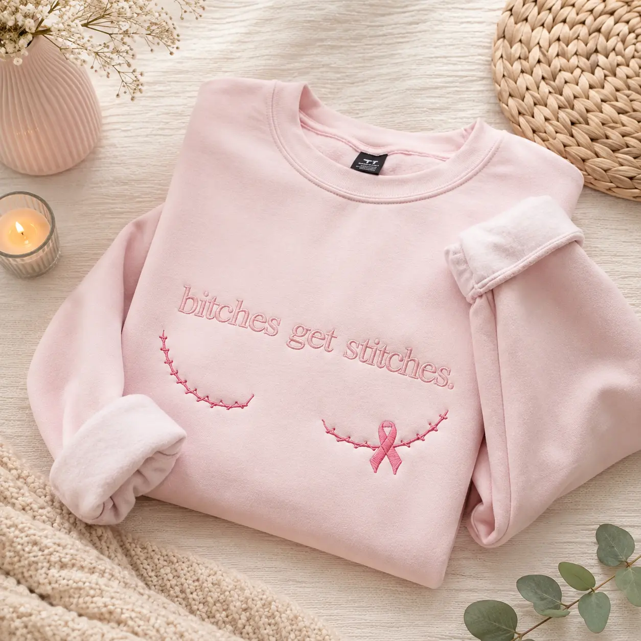 In October We Wear Pink Embroidered Sweatshirt, Breast Cancer Awareness Crewneck, Custom Name Sleeve Embroidery Sweater