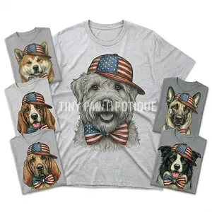 Patriotic Dog Shirt 2 with American Flag Hat & Bowtie, Custom 25 Dog Breeds Graphic Tee, 4th of July USA Pride T-Shirt