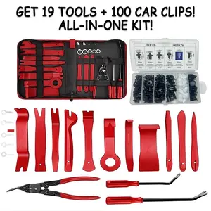 119Pcs Car Trim Removal Tool Kit，Car Panel Door Audio Trim Removal Tool Kit,Professional Automotive Upholstery Fastener Remover Kit，Set with Pick & Clip Removal Tool,  Stereo, for Auto Interior, Molding, Dash(Red) professional repair tool