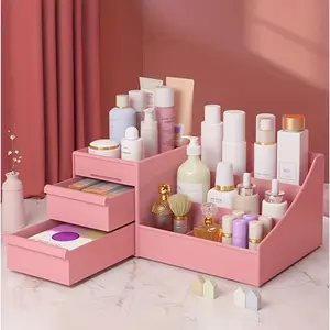 Pink desktop cosmetic organizer, makeup storage box with drawers, suitable for dressing tables, washbasins, and bathroom cabinets, elegantly stores brushes, eye shadow, lipstick, and nail polish