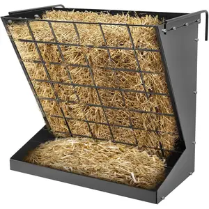 GAOMON Black 2 in 1 Wall Mount Hay Feeder for Goats, Heavy Duty Galvanized Steel Hay Rack with 18.5 Gallon Capacity & Grain Tray, Heavy-Duty Galvanized Steel Goat Feeders for Sheep, Horses, Cattle – Indoor/Outdoor
