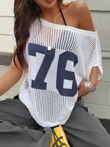 Summer Ice Silk Hollow Out Asymmetrical Shoulder Digital Print Sexy Pullover, Fashion Casual Loose Fit Breathable Drop Shoulder Knit Top for Women, Knitwear, Womenswear