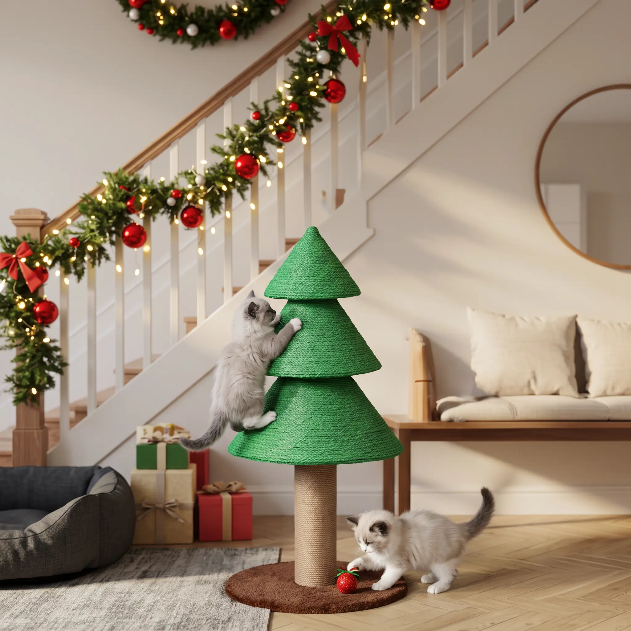31.5in Christmas Tree Cat Scratcher Tower - Holiday-Themed Festive Shape, Large Sisal Rope Scratching Post, Hanging Toy - Indoor Pet Furniture Decor for Small-Medium Cats
