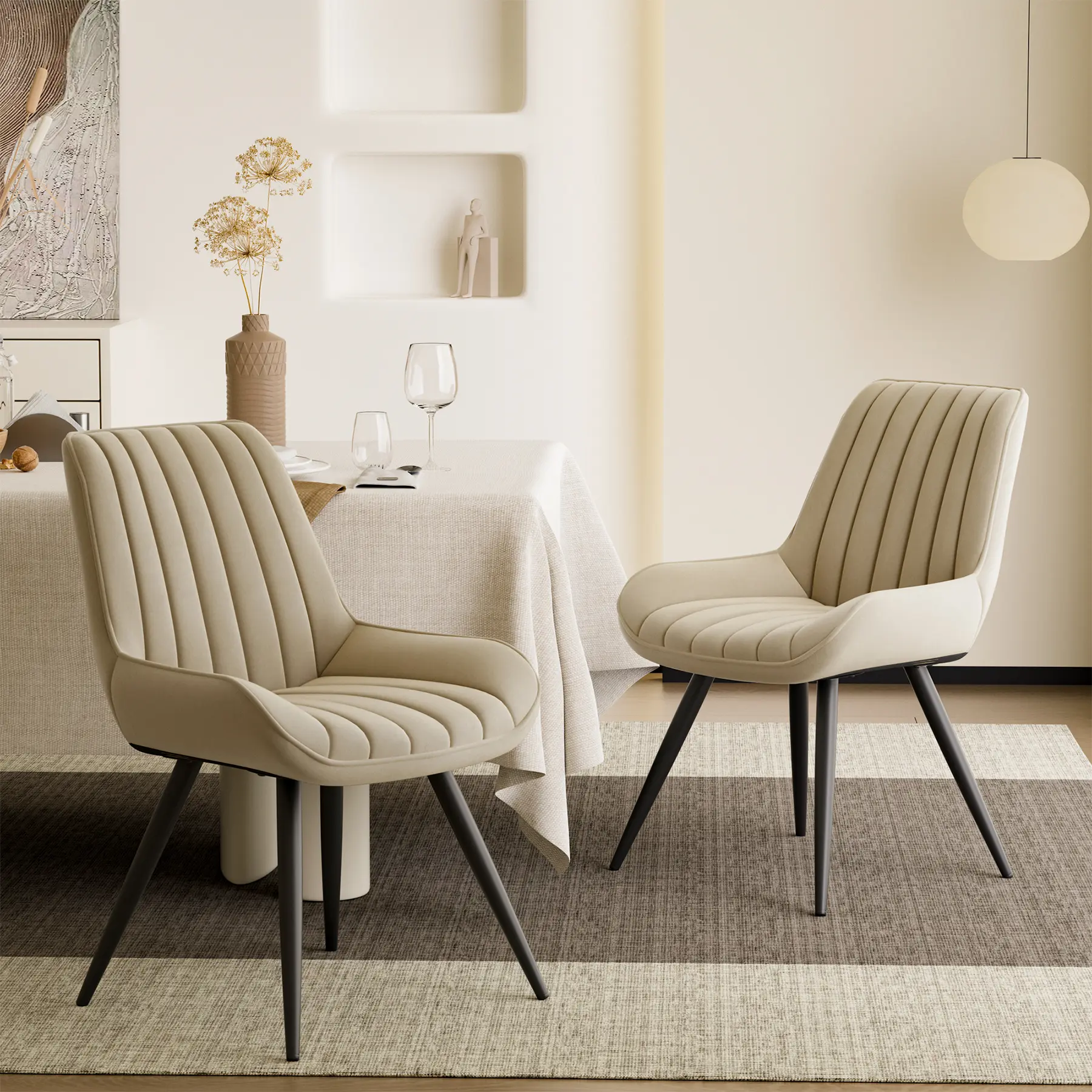Set of 2/4 Beige Modern Dining Chairs - Upholstered Fabric Seats with Thick Cushions, 300LB Capacity Metal Legs, Nordic Style for Kitchen, Dining Room (2-Pack/4-Pack Option)
