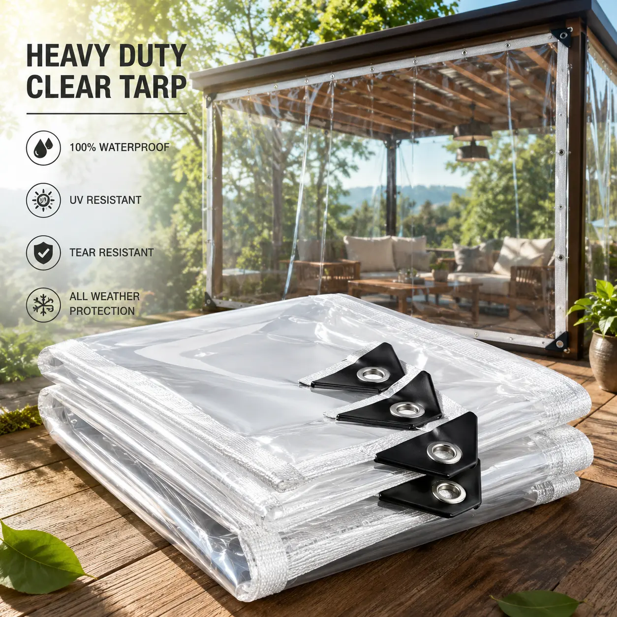 Transparent Tarp Waterproof Outdoor - Clear Poly Cover with Reinforced Edges & Metal Grommets, UV & Mildew Resistant, Tear Proof, for Greenhouse, Pergola, Patio, Garden, Camping Shelter Weather-Resistant Canopy Cloth dustproof protection