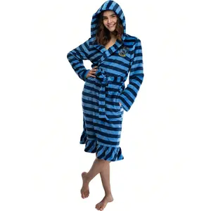 Warner Bros Harry Potter Juniors' Ravenclaw Striped Hooded Plush Fleece Robe (MD)