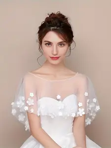 Wedding dress hooded shoulder cape, bridal tulle floral cloak, thin jacket with flower and crystal embellishments for arm coverage, Cute versatile shawl