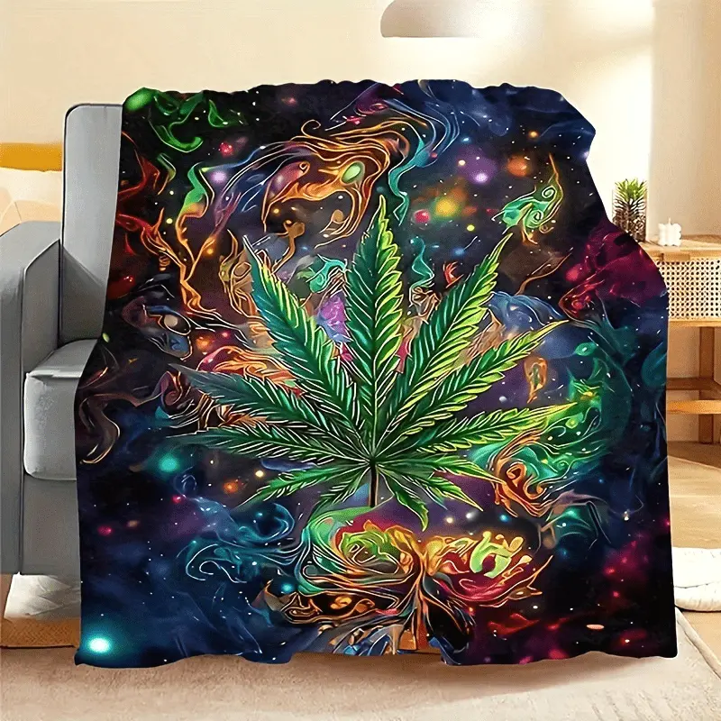 Vintage Leaf Motif Velvet Flannel Throw Blanket - 1-Piece, Multi-Size, Patterned Statement Blanket, Flat Weave, Soft, Tear-Resistant, Psychedelic Print, Warmth Retentive, Machine Washable for Home & Travel Use, Velvet Fabric, One-Piece