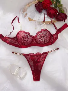 Lace Trim Sexy Elegant Bra Set, Comfortable Push-Up Mesh Underwear Sets, Thin Women's Lingerie Set, 2-Piece Bra and Thong Combo