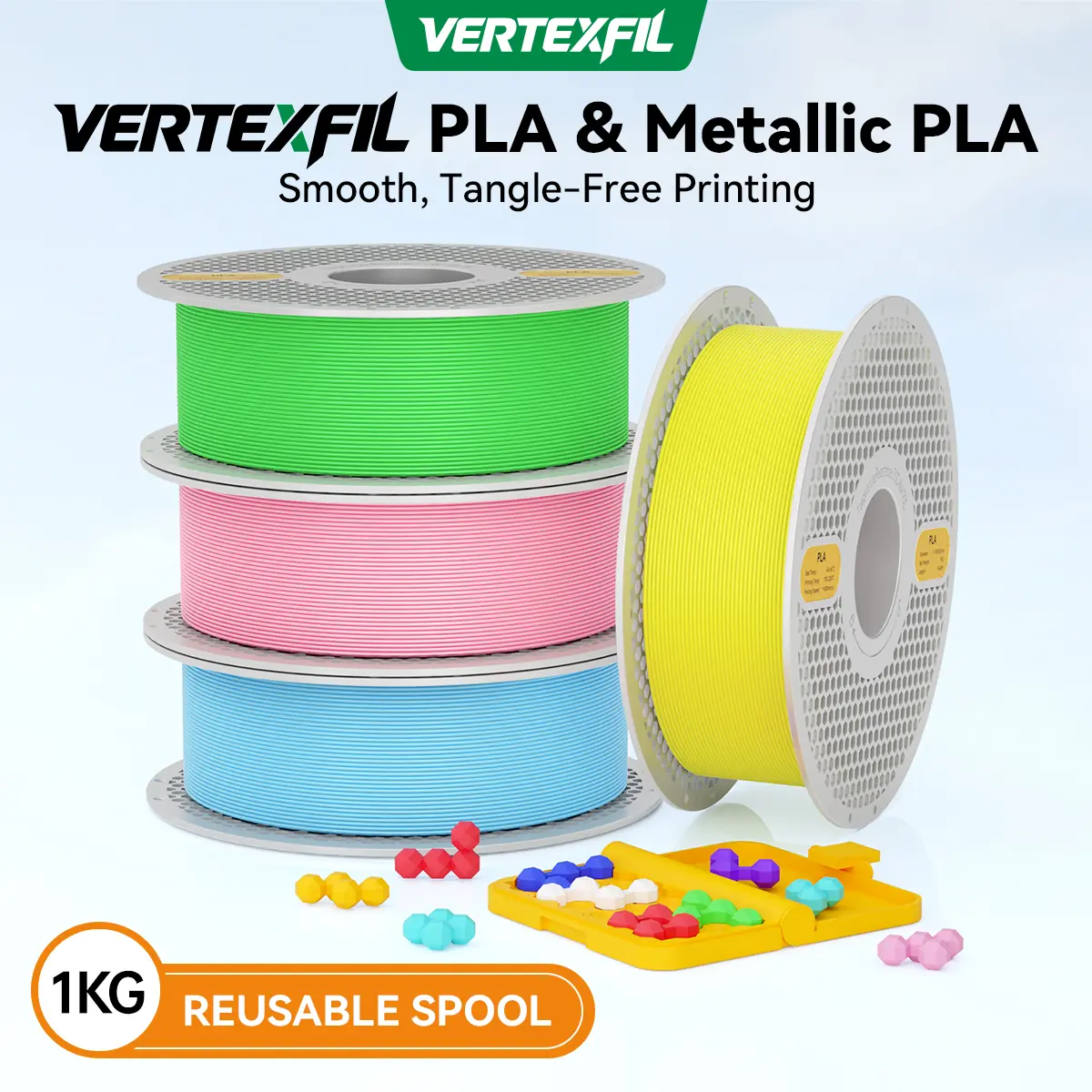 VERTEXFIL PLA & Metallic PLA Filament 1KG, 2.2lb, 1.75mm, Reusable Detachable Spool, Tangle-Free, High Precision ±0.02mm, Smooth Printing, Eco-Friendly PLA, Compatible with Bambu Lab, Creality, Anycubic & Most FDM Printers