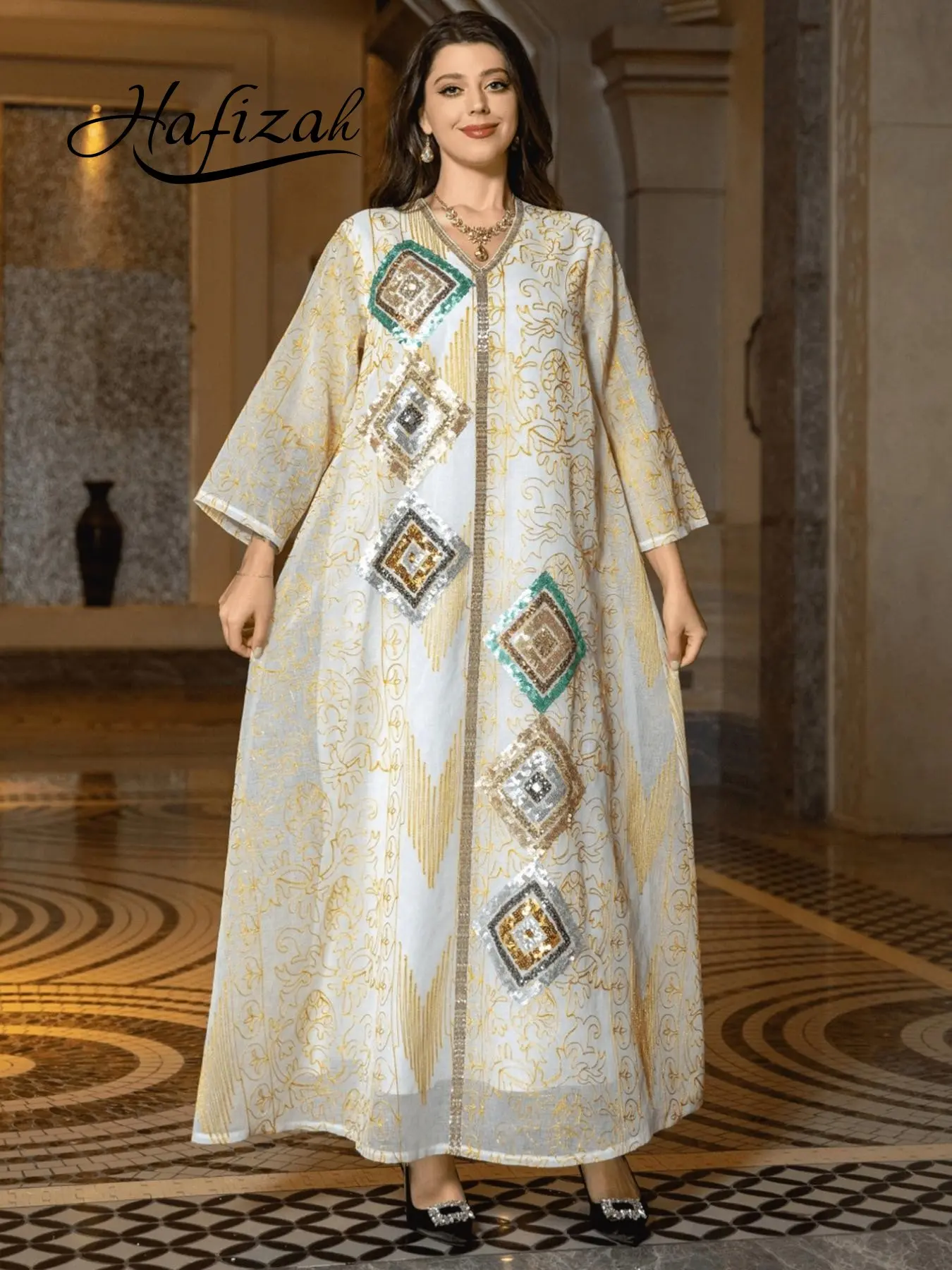 Hafizah Gold Thread Embroidered Rhombus Sequin Maxi Dress, Loose-Fit Elegant Abaya, Embroidery Abaya, All-Seasons Women's Fashion, Slimming Effect, Islamic Abaya Dress, Muslim Dresses, Abayas For Eid, Muslim Clothing