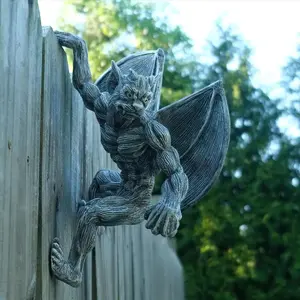 [Gothic Bat Statue, Halloween Decor] Durable Gothic Bat Statue - 1pc Resin Sculpture for Outdoor Fence & Porch - Halloween Stone Gargoyle Theme for Lawn & Garden Decor, Battery-Free Ornaments Decoration