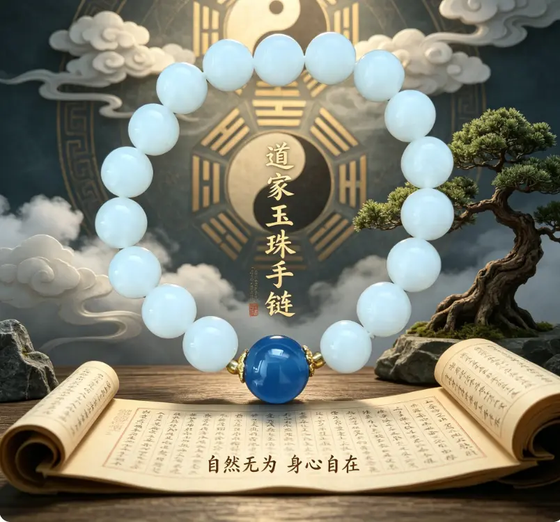 Taoist Lucky Fortune Amulet Bracelet White Nephrite Jade Blue Agate Prayer Beads Buddhist Meditation Stress Relief Bracelet  4（）