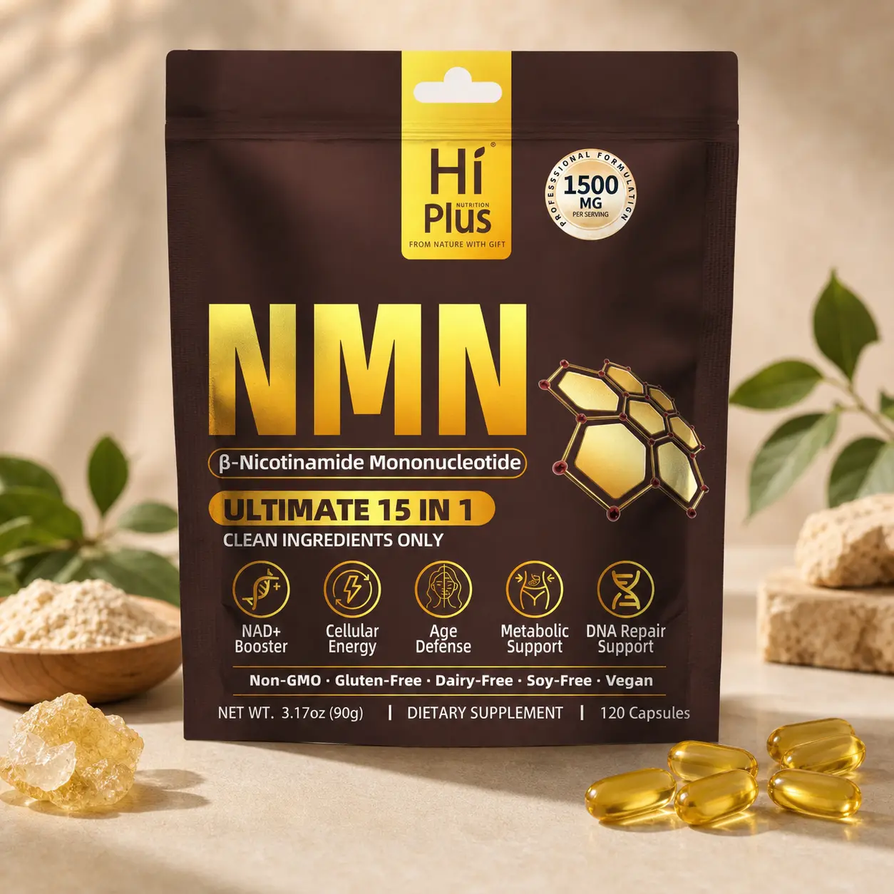 HiPlus NMN Complex Dietary Supplements - 1500mg Per Serving, 15-1 Formula with 500mg NMN, Vitamin C, TMG, CoQ10, Antioxidants Capsules for Youth, Body Health & Whole Body Support Antioxidants Nutritional Supplements