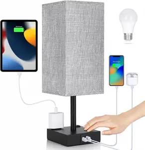 Bedside Lamp with USB Ports - Touch Control Table Lamp for Bedroom with USB C+A Charging Ports & AC Outlets, 3 Way Dimmable Nightstand Light for Living Room (LED Bulb Included)