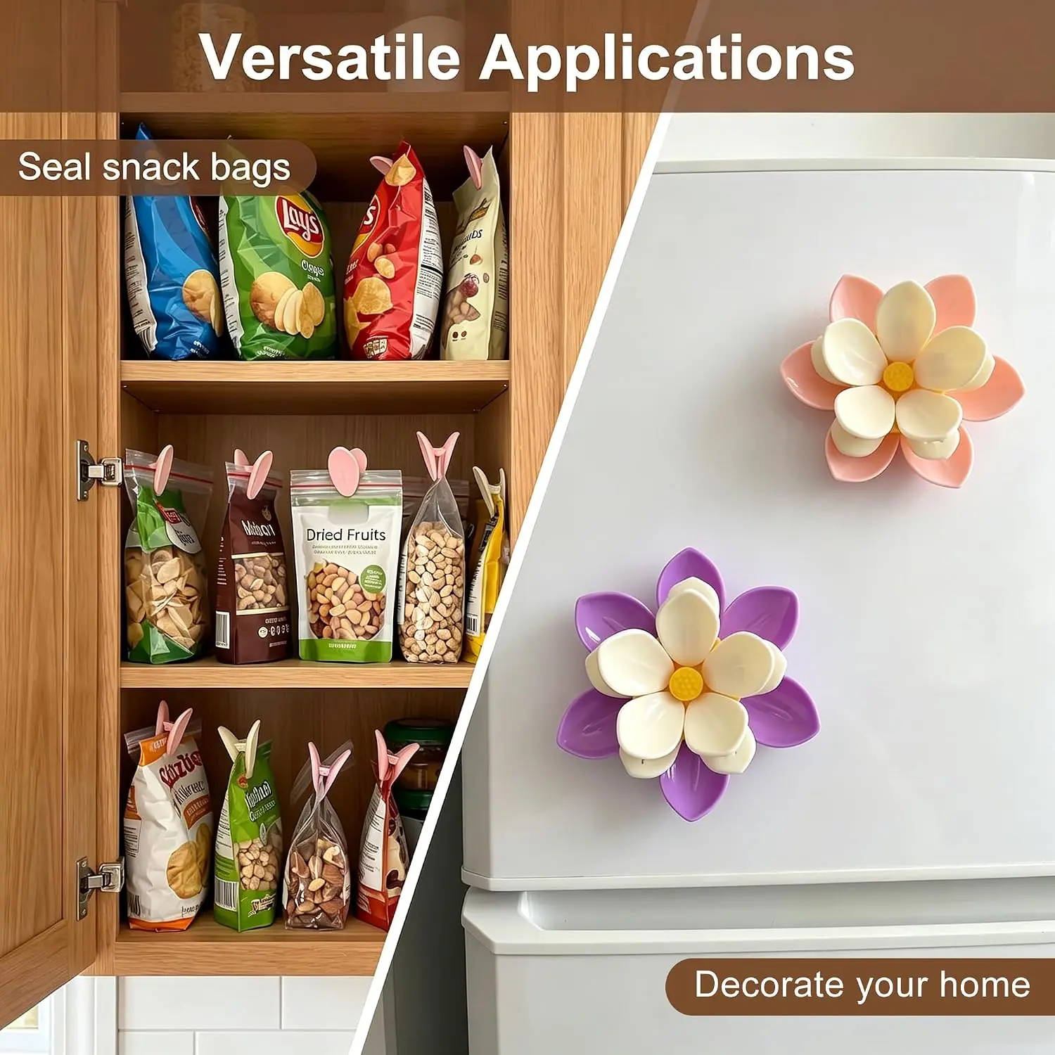 A set of two pieces, silicone cherry blossom sealing clips, suitable for kitchens, living rooms, picnics and travels. They can be used as fridge stickers, food sealing clips, flower stickers, and cherry blossom sealing clips.