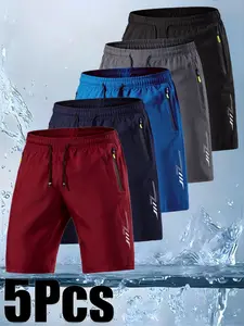 Men's Summer Shorts Set, 5 Pcs, Comfortable Quick-Dry Breathable Fabric, Sporty Casual Wear, Pure Color Zipper Pocket, Essential Men's Clothing, Summer Sports Shorts