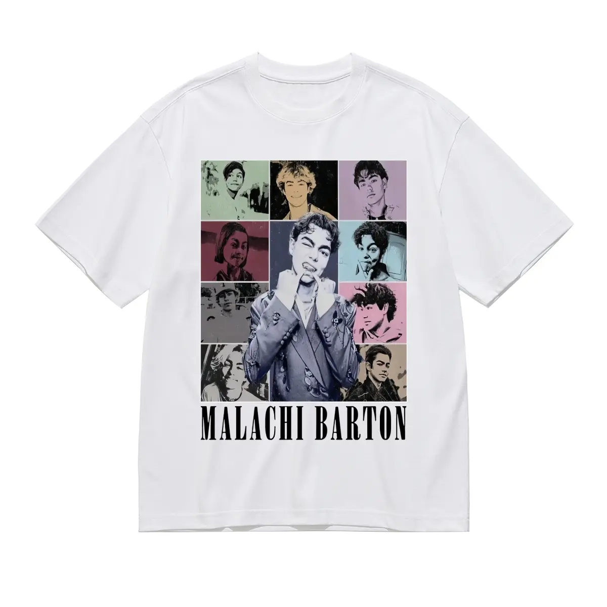 Unisex Malachi Barton Eras Style Collage T-Shirt, White Crewneck Celebrity Grid Portrait Graphic Short Sleeve Tee