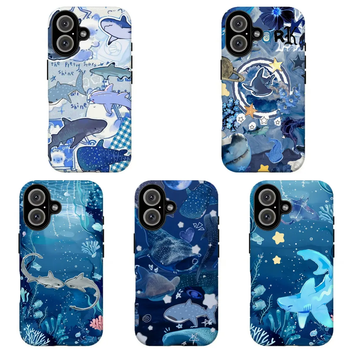 FL-Blue Shark Collage Phone Case, Cute Ocean Aesthetic Tough Cover For iPhone 11 12 13 14 15 16 17 Air Pro Max for Samsung S26 S25 S24 S23 S22 S21 Case,Gift for her/him