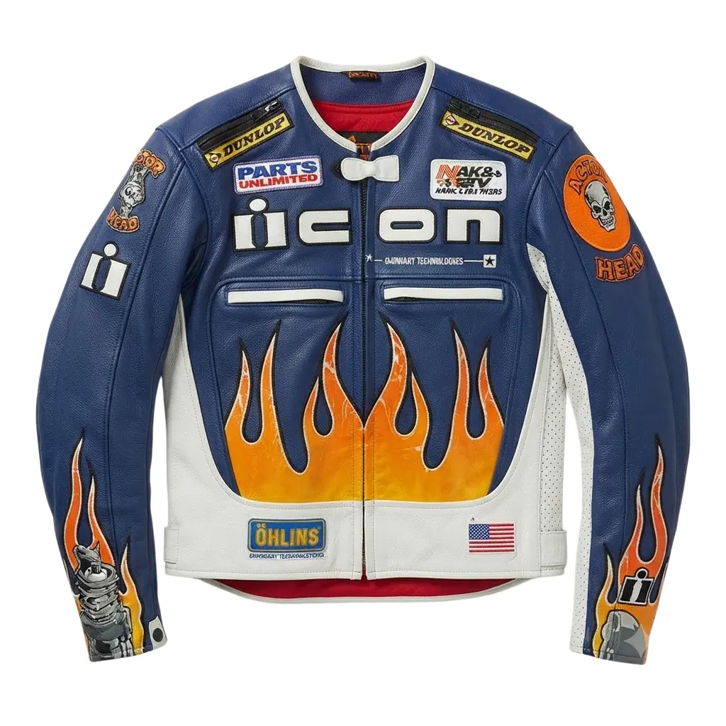 Men's Blue Genuine Leather Motorcycle Racing Jacket Flame Print Padded Protective Style Biker Coat