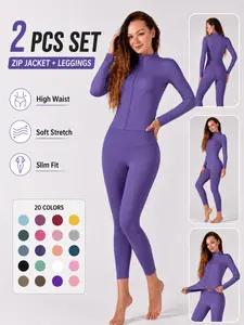 Women's Two-Piece Sportswear Set, Yoga Suit Set, Long Sleeve Zip-Up Top & Slim Fit Pants, Stretchable Activewear, Yoga Gym Activewear, Solid Color Design, Ideal for Gym, Fitness, Outdoor Activities, Workout Running Outfits