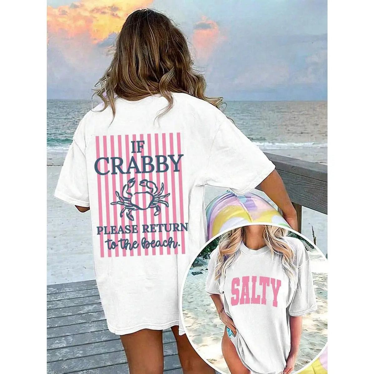 Women's If Crabby Please Return To The Beach Graphic Oversized Tee, Light Blue Summer Tops, Beach Vacation Outfits For Women, Fashion Summer Clothes, Coastal Graphic Tees Casual Womenswear funny t