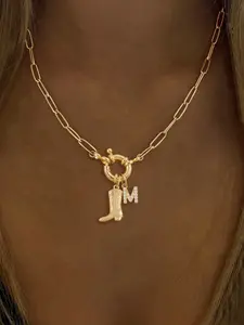 Women's Western Cowboy Boot Pendant Necklace, Charm Necklace, Zirconia Initial Letter Design, Stainless Steel Spring Clasp Paper Clip Chain