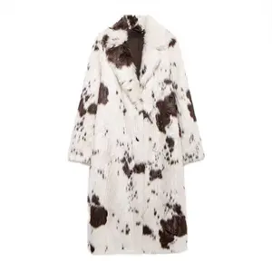 Women's Cow Print Faux Fur Coat, Thick Warm Long Jacket for Fall & Winter, Eco-Friendly Imitation Leather Outerwear