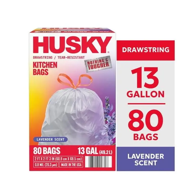 Husky 13 Gallon Tall Kitchen Drawstring Bags, Lavender Scented, 80 Bags
